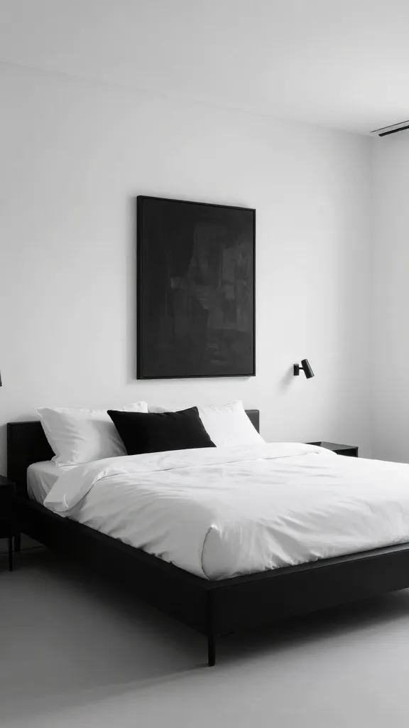 Realistic high-quality photo of a modern minimalist monochrome bedroom, captured from an eye-level perspective. A bold black platform bed dominates the center, impeccably dressed with crisp white linen bedding and a single, stark black throw pillow. The surrounding stark white walls are uncluttered, featuring two sleek, minimalist black sconces mounted above the bed, casting a focused, soft glow. A large, singular piece of abstract black and white art hangs prominently on the wall, providing a striking visual anchor. The room exudes serene elegance with its clean lines and intentional, high-contrast design, bathed in subtle natural light. No text.