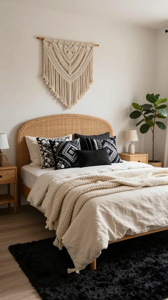 A high-quality, realistic interior photograph of a cozy bohemian bedroom bathed in soft, diffused natural light. The focal point is a queen-sized bed with a prominent, arched wicker headboard against creamy off-white walls. The bed is dressed with crisp cream linen sheets, layered with a luxuriously chunky knit cream blanket draped invitingly over the foot. An artful arrangement of black and white patterned throw pillows, featuring distinct tribal and mudcloth prints, rests against the headboard. A plush, deep pile black shag rug anchors the space, partially extending from beneath the bed. Above the headboard, a large, intricate macrame wall hanging with cream fringes provides a striking bohemian focal point. Natural light wood nightstands flank the bed, each holding a small, minimalist ceramic lamp. A tall, leafy indoor plant in a woven basket sits in one corner, adding a touch of organic warmth. The overall palette is a sophisticated blend of black, cream, and natural wood tones, creating a globally inspired yet incredibly cozy and inviting sanctuary. No text.