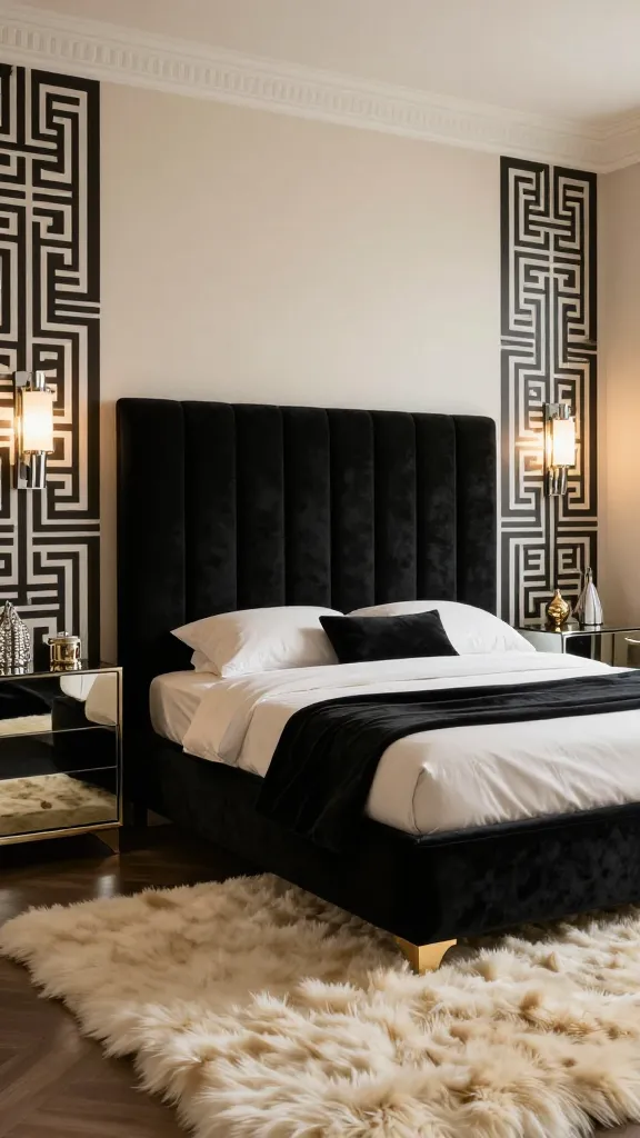 A luxurious Art Deco bedroom, captured in a realistic, high-quality photograph, showcasing a sophisticated black and cream palette. The centerpiece is a dramatic, tall black velvet headboard with prominent channel tufting, set against a smooth creamy wall. An adjacent accent wall features a bold black and white geometric wallpaper pattern that extends elegantly. On either side of the bed, sleek mirrored nightstands reflect the room's soft lighting. Above each nightstand, a modern chrome lighting fixture emits a warm, inviting glow. A plush, creamy faux fur rug covers the floor, adding texture and comfort. A few carefully placed silver and gold decorative objects subtly catch the light, enhancing the room's metallic shine and decadent Roaring Twenties glamour. The perspective is a wide shot, capturing the overall ambiance of this opulent space.