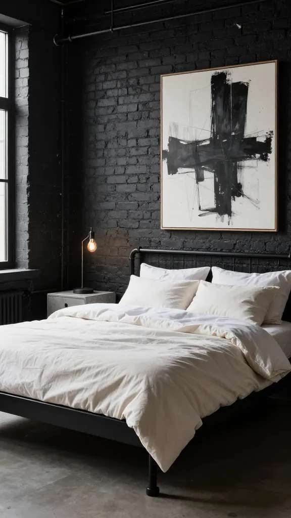 A realistic, high-quality interior photograph of an edgy industrial loft bedroom. The focal point is a feature wall covered in authentic exposed black brick. A robust black metal pipe bed frame, central in the room, is adorned with plush, creamy white bedding, including a thick duvet and multiple pillows. To one side, a minimalist concrete-effect nightstand supports an industrial-style table lamp with an exposed Edison bulb. A large, abstract black and white canvas art piece hangs on the wall, adding artistic flair. The room feels urban, raw, and stylish, bathed in soft, natural light, with crisp details and a deep depth of field. No text.