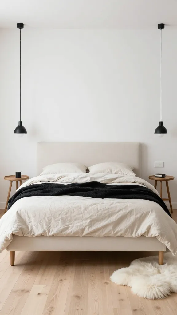 A high-quality, realistic photo of a Scandinavian Hygge bedroom. The room features crisp white walls and light-toned wooden floors. A simple cream upholstered bed frame with clean lines is centered, topped with soft cream linen bedding and a textured black throw blanket draped across. Minimalist black pendant lights hang above small, round wooden nightstands on either side of the bed. A fluffy white sheepskin rug rests beside the bed, adding warmth and softness. The overall atmosphere is light, airy, cozy, and inviting, with a clear black and cream palette.