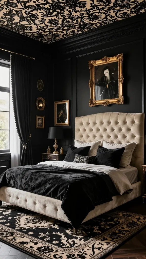 A highly detailed, professional photograph of a dramatic, moody maximalist bedroom. The walls are painted a deep, luscious charcoal black, creating an opulent backdrop. A grand, tufted cream velvet headboard serves as the luxurious focal point of the bed. The ceiling is adorned with intricate black and cream patterned wallpaper, adding an unexpected layer of visual abundance. The room is richly decorated with a curated mix of ornate gold-framed mirrors and eclectic framed art, enhancing the maximalist aesthetic. Heavy, floor-length drapes in a dark, textured fabric frame a large window. A plush, patterned black and cream rug covers the floor, adding warmth and intricate detail. The bed is lavishly dressed with an abundance of decorative pillows in varying textures and patterns, predominantly in black and cream, creating a rich, layered, and utterly captivating look. Soft, ambient lighting accentuates the luxurious textures and dramatic contrasts. High resolution, realistic, no text.