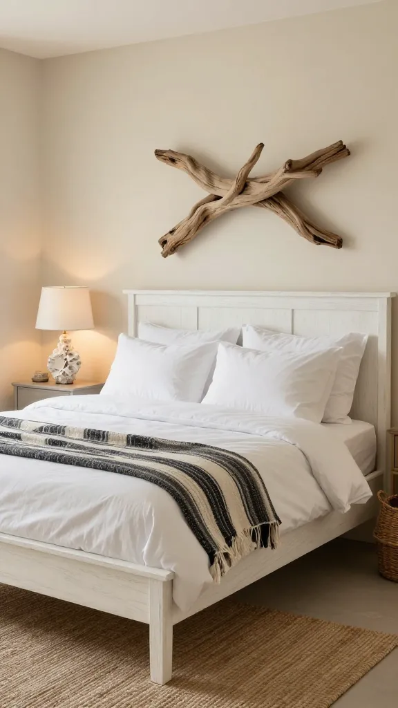 A high-quality, realistic photograph capturing a serene and sophisticated coastal-inspired bedroom. The central focus is a beautifully made bed featuring a white-washed wood frame. It is adorned with crisp white bedding, topped by a textured black and white striped throw artfully draped at the foot. The walls are a soft, sandy cream, providing a warm, neutral backdrop. Above the headboard, a striking, large piece of natural driftwood art serves as a focal point. On a nearby nightstand, a unique shell-encrusted lamp casts a gentle, ambient light. Woven natural fiber baskets are subtly placed on the floor, which is partially covered by a natural jute rug. The room is bathed in soft, diffused natural light, emphasizing a fresh, breezy, and wonderfully relaxing atmosphere. No text.
