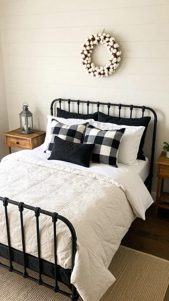 A high-angle, wide shot of a cozy, modern farmhouse bedroom, bathed in soft, inviting natural light. Cream shiplap walls provide a textured backdrop to a sturdy black iron bed frame, which is the central focus. The bed is meticulously made with a plush quilted cream duvet, layered with a generous mix of black and white buffalo check pillows artfully arranged against the headboard. On either side of the bed, distressed wooden nightstands sit, one featuring a rustic galvanized metal lantern. A simple cotton wreath hangs elegantly above the bed on the shiplap wall. A warm, braided rug is partially visible underfoot, grounding the space. The overall aesthetic is welcoming, warm, and full of character, with a clear black and cream color palette. Realistic, high-quality photograph, no text.
