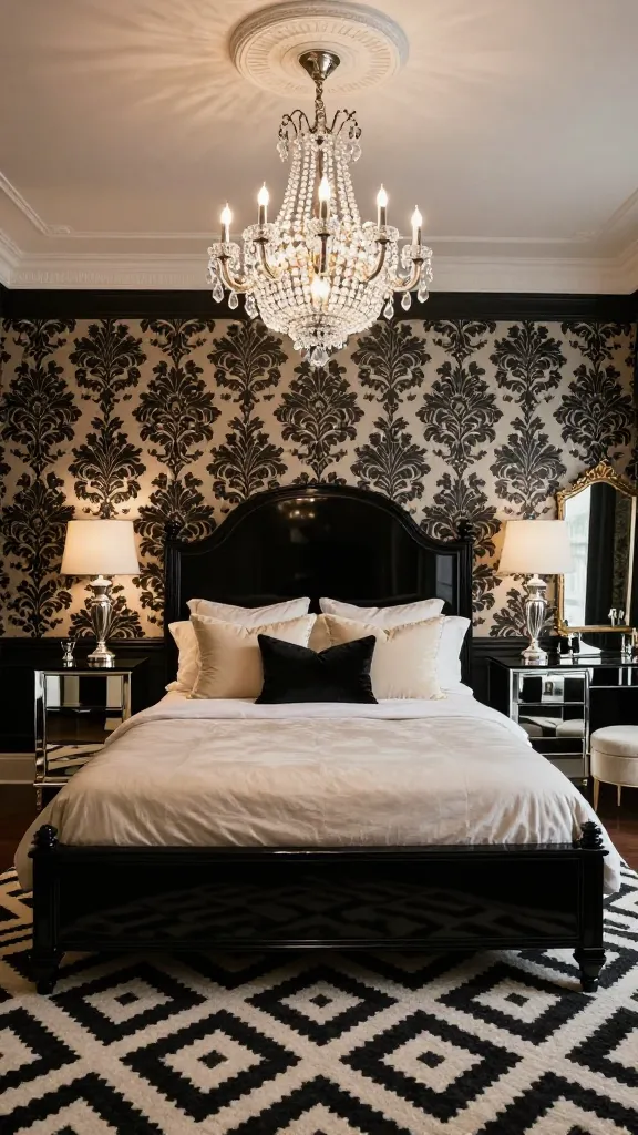 A luxurious Hollywood Regency style bedroom, captured in a high-quality, realistic photograph. The focal point is a grand bed featuring a high-gloss black lacquered headboard, adorned with an abundance of plush cream and black velvet pillows. The walls are covered in a sophisticated black and cream damask wallpaper. Flanking the bed are sleek mirrored nightstands, each topped with an elegant silver-based lamp. A magnificent, multi-tiered crystal chandelier hangs prominently from the ceiling, casting a warm, opulent glow. A dramatic black and white geometric patterned rug grounds the space, adding a bold statement. In the corner, a mirrored dressing table with a delicate gold-framed mirror and a cream velvet stool completes the scene, exuding old-school movie star glamour.