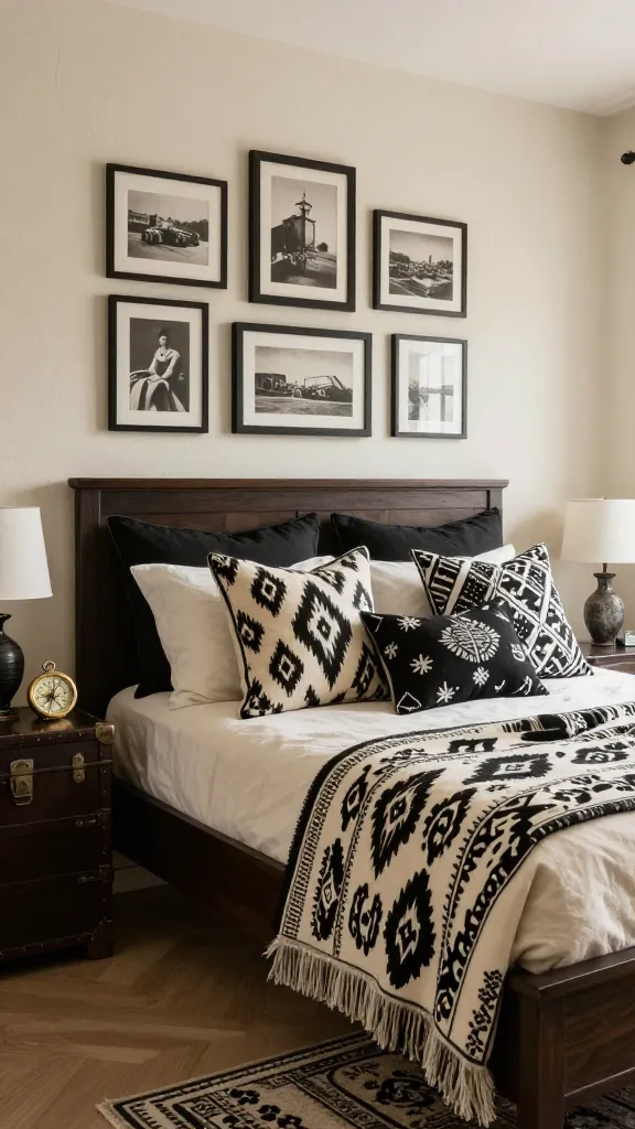 A high-resolution, professional interior photograph of an eclectic explorer's bedroom, showcasing a curated black and cream aesthetic. Creamy textured walls provide a warm, neutral backdrop. The focal point is a sturdy dark wood bed frame, beautifully adorned with a luxurious Moroccan wedding blanket draped as a throw at its foot. The bed is layered with a rich assortment of black and cream patterned pillows, featuring intricate ikat, global prints, and subtle geometric designs. To one side, an antique dark wood trunk serves as a unique nightstand, holding a vintage brass compass and a small, unlit ceramic lamp. Above the bed, a meticulously arranged gallery of framed vintage black and white postcards forms a personal, storied focal point. Soft natural light streams in from an unseen window, highlighting the textures and patterns. The overall atmosphere is personal, well-traveled, and inviting, embodying a cohesive black and cream narrative. Realistic, no text.