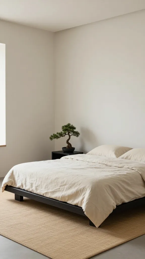 A high-quality, realistic interior photograph of a serene black and cream zen bedroom. The focal point is a low-profile platform bed with a dark wood frame, dressed in soft, muted cream linen bedding. The walls are painted a gentle off-white, creating a calming backdrop. On the floor, a simple, light-colored woven natural fiber rug or bamboo mat anchors the space. Minimalist decor includes a small, elegant bonsai tree placed on a discreet, low black side table. Soft, diffused natural light streams into the room, highlighting the textures of the linen and natural materials, emphasizing tranquility and a deep sense of relaxation. No text.