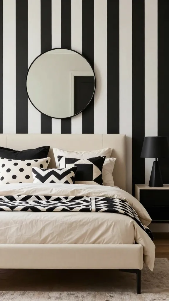 A high-quality, realistic photograph of a modern black and cream bedroom designed as a geometric wonderland. The focal point is a simple, elegant cream upholstered bed with a cream bed frame, positioned against a striking accent wall featuring bold black and white vertical stripes. The bed is adorned with a crisp cream duvet and layered with an assortment of decorative pillows, showcasing various geometric patterns including black and white chevrons, black polka dots on cream, and abstract black geometric designs on cream backgrounds. Above the bed, a sleek, round black mirror is mounted on the striped wall. On a minimalist nightstand to the side, a sculptural black table lamp with a distinctive geometric shape adds to the graphic appeal. The room is bathed in soft, inviting natural light, highlighting the clean lines and dynamic visual interest of the patterns. No text on images.