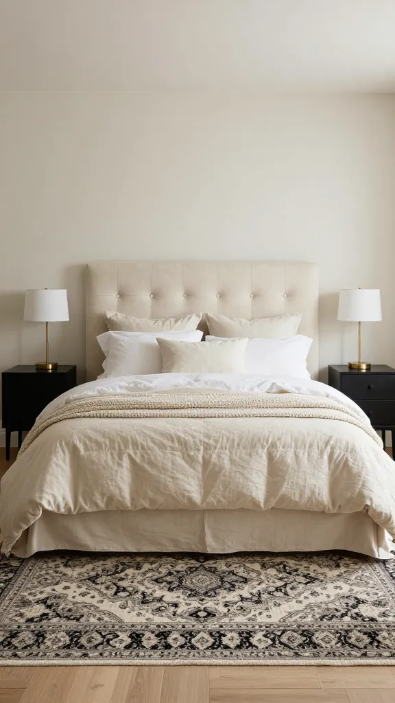 A wide, eye-level shot of a sophisticated and enduring transitional bedroom, bathed in soft natural light. The focal point is a luxurious king-sized bed featuring a gentle cream upholstered headboard with subtle button tufting. The walls are painted a warm off-white, creating a serene backdrop. On either side of the bed, elegant black bedside tables with clean, modern lines hold minimalist brass table lamps. The bed is meticulously dressed with soft, layered bedding in varying shades of cream and off-white, showcasing a rich mix of textures including crisp cotton sheets, a plush linen duvet, and a chunky knit throw blanket. A beautiful Persian-style rug, in muted black and cream tones with a subtly distressed pattern, anchors the space on light hardwood flooring. The overall ambiance is refined, comfortable, and timeless, captured in a high-quality, realistic photograph.
