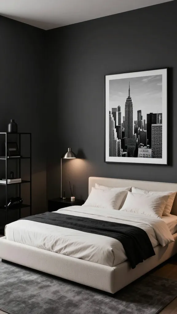 A high-angle, wide shot of a sophisticated urban chic bedroom. The walls are painted a deep, moody charcoal gray, creating a dramatic backdrop. Centered in the frame is a simple, low-profile cream upholstered platform bed, dressed with crisp cream linens and a subtle black throw. To one side, a sleek brushed nickel floor lamp casts a soft, ambient glow, and a minimalist black iron shelving unit displays only a few curated, dark-toned objects. On the opposite wall, a large, framed black and white photograph of a dynamic city skyline adds to the cosmopolitan energy. The overall decor is minimal and refined, emphasizing clean lines and an edgy twist. Natural light softly filters in, highlighting the textures. Shot with a professional DSLR, sharp focus, realistic photography, no text.
