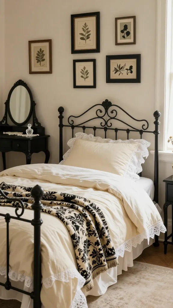 A high-resolution, realistic photograph of a luxurious vintage-inspired black and cream bedroom. The walls are a soft, slightly distressed creamy off-white. Dominating the center is an ornate black wrought iron bed frame with intricate scrollwork details. The bed is dressed with layers of luxurious cream linen bedding, adorned with delicate white lace trim visible on pillowcases and the duvet cover. A vintage-inspired black and cream floral patterned throw blanket is draped elegantly over the foot of the bed. Above the headboard, a curated gallery wall features framed vintage botanical prints and silhouette art in classic black frames. To one side, an antique black wooden vanity table with delicate cabriole legs and a small oval mirror is visible, topped with a delicate crystal perfume bottle and a vintage lace doily. Soft, diffused natural light streams in from a nearby window, creating a warm, romantic, and nostalgic ambiance. The overall styling exudes delicate charm and antique beauty. Professional interior photography, shallow depth of field, no text.