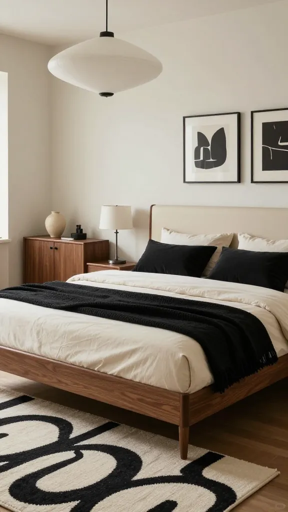 A high-quality, realistic interior photograph of a sophisticated Mid-Century Modern bedroom, featuring a black and cream color palette. The centerpiece is a king-size bed with a sleek walnut wood frame and tapered legs, paired with a simple, plush cream upholstered headboard. Layered cream bedding is accented with black throw pillows and a black textured blanket. A low-slung walnut credenza functions as a nightstand, holding a minimalist ceramic vase and a vintage-inspired table lamp. A graphic black and white rug with an organic, abstract pattern partially extends under the bed. A striking Sputnik-style pendant light hangs from the ceiling. On the wall, two carefully chosen black and white framed abstract art prints complement the aesthetic. The room is bathed in soft, natural light, exuding a retro-cool and effortlessly stylish ambiance. No text on image.