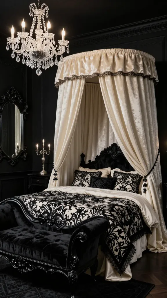 A realistic, high-quality photograph of a luxurious gothic romance bedroom. The walls are painted a deep, velvety black, creating a dramatic backdrop. A grand four-poster bed, draped with heavy, flowing cream velvet curtains, stands as the opulent focal point, adorned with heavy, textured black and cream bedding featuring intricate gothic patterns. To the side, a rich black velvet chaise lounge with ornate dark wood carvings adds to the luxurious feel. An ornate black and gold framed mirror leans against the wall, reflecting the moody ambiance. Above, a dramatic multi-tiered crystal chandelier hangs, casting a soft, atmospheric glow, complemented by the flickering light from a large, antique silver candelabra placed on a dark wooden nightstand. The room is filled with rich textures and intricate details, embodying a dark, opulent, and utterly captivating atmosphere. No text.