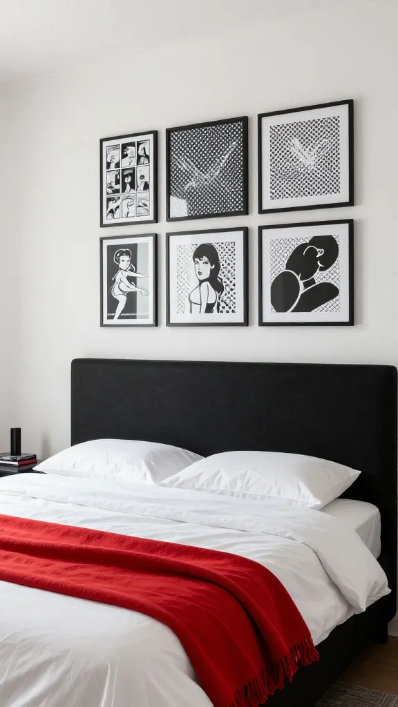 A high-resolution, professional interior photograph of a modern and playful black and cream bedroom. The walls are painted a clean, crisp white. A luxurious bed with crisp white bedding is anchored by a prominent, bold black upholstered headboard. Above the bed, a dynamic gallery wall features an array of framed black and white pop art prints, including detailed comic book panels, Lichtenstein-inspired dot patterns, and iconic graphic designs, creating an energetic focal point. A single, vibrant bright red throw blanket is artfully draped over the foot of the bed, adding a bold splash of color. The room is bathed in soft, inviting natural light, highlighting the textures and details. Realistic, no text.