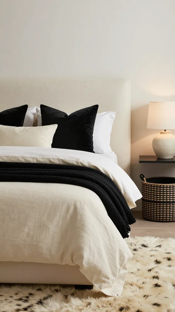A high-quality, professional photograph capturing an inviting and sophisticated black and cream bedroom, meticulously styled to emphasize a rich variety of textures. Soft, creamy white walls provide a serene backdrop for a large bed, which features an oversized, plush creamy white boucle headboard. The bed is dressed with crisp, creamy linen sheets, beautifully contrasted by a chunky knit black throw draped invitingly across the foot. Several velvet throw pillows in alternating black and cream hues are artfully arranged against the headboard. A luxurious cream and subtle black faux fur rug partially extends from beneath the bed, adding to the tactile appeal. To the side, a woven black and cream storage basket sits next to a minimalist bedside table, which holds a ceramic lamp with a visibly textured, matte cream base, casting a warm, soft glow. The composition highlights the layered textiles and the overall cozy, sensory experience. No text on image.