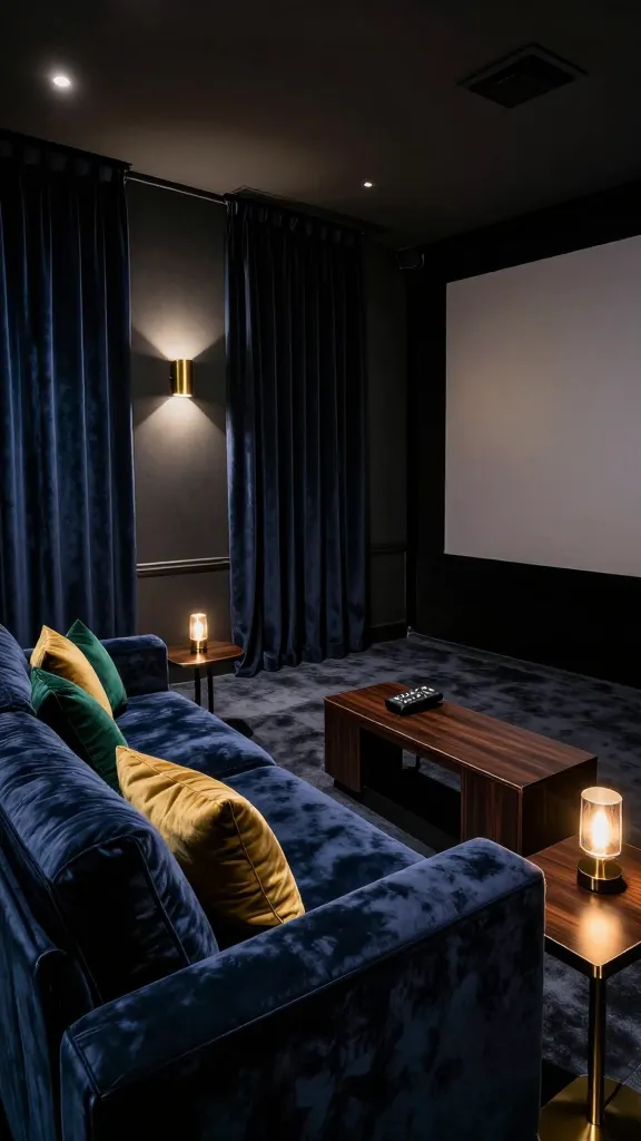 A high-quality, realistic photograph of a luxurious home theater room designed as 'The Midnight Velvet Lounge'. The walls are painted a deep charcoal gray, subtly textured, and adorned with soft, dimmable brass sconce lighting casting a warm, intimate glow. Heavy, floor-to-ceiling, light-blocking deep navy velvet drapes are partially drawn, adding to the room's dramatic ambiance. A plush, oversized deep navy velvet sectional sofa with generous cushions and throw pillows in emerald green and gold occupies the center, inviting ultimate comfort. Sleek, dark wood side tables with brass accents are positioned next to the sofa, holding elegant, unlit lamps and a remote. A large, high-definition projection screen is subtly integrated into the front wall, ready for a cinematic experience. The overall atmosphere is one of sophisticated drama, enveloping comfort, and a private, high-end club. No text.