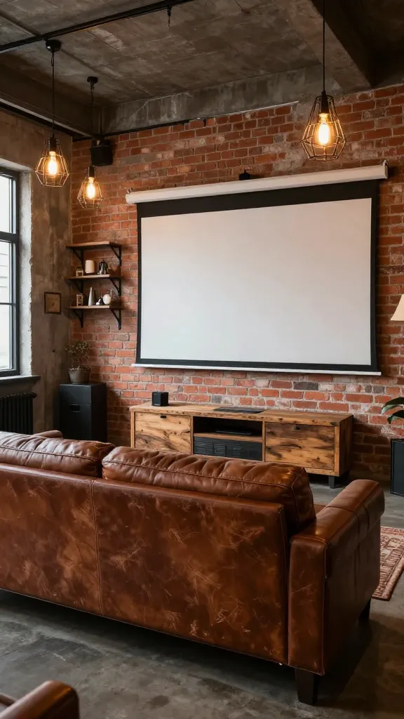 A high-quality, realistic photograph capturing an inviting industrial loft home cinema. The walls feature a blend of exposed red brick and raw concrete finishes, setting a gritty urban backdrop. Dominating the center is a large, plush, distressed brown leather sofa, exuding unexpected comfort. A rustic reclaimed wood media console sits beneath a large, wall-mounted projection screen. Overhead, several pendant lights with black metal cages and warm Edison bulbs cast a soft, cozy glow, highlighting subtle metal accents on shelving and decor. The overall atmosphere is warm, effortlessly cool, and deliberately undone, blending raw edges with plush comfort. No text on image.