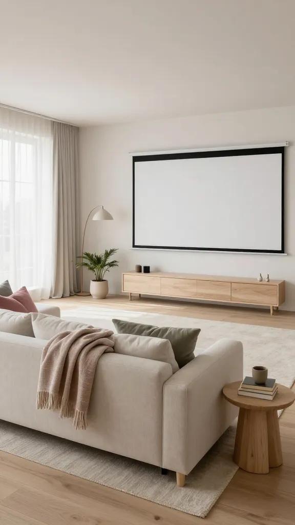 A wide-angle, inviting shot of a Scandinavian hygge-inspired home theater space, bathed in soft, diffused natural light. The color palette is dominated by warm whites, light grays, and pale natural wood tones, with subtle accents of muted pastels like dusty pink or sage green in throws and cushions. A large, low-profile, modular fabric sofa in a light cream color is positioned centrally, piled with soft, textured blankets and plush pillows, inviting extreme comfort. Opposite the sofa, a large, thin-bezel projector screen is seamlessly integrated into a clean, warm white wall, ready for cinematic viewing. Below the screen, a minimalist, pale wood media console holds a few simple decorative items. The floor is light oak, partially covered by a large, soft, off-white wool rug. Natural light streams in from a window, softened by sheer linen curtains. Simple, elegant details include a tall, arc floor lamp with a fabric shade, a small cluster of potted plants in ceramic pots, and a stack of books on a light wood side table. The overall ambiance is serene, airy, and uncluttered, perfectly balancing warmth and simplicity for a luxurious home cinema experience. High-quality photo, realistic, no text.
