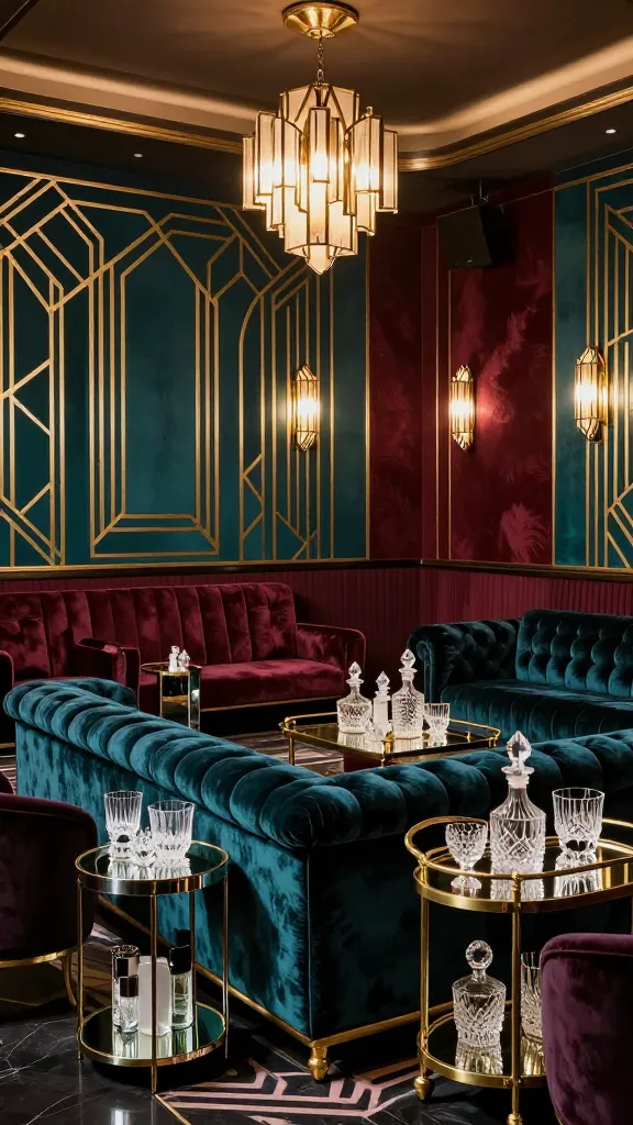 A lavish Art Deco home theater, embodying 1920s Great Gatsby glamour. The walls are a dramatic blend of deep teal and rich burgundy, adorned with intricate gold geometric patterns. In the foreground, a plush, tufted velvet sofa in a deep jewel tone is flanked by elegant velvet club chairs. Mirrored side tables gleam under the soft light of Art Deco-inspired wall sconces and a statement geometric chandelier. A striking polished brass bar cart, meticulously arranged with crystal decanters and glassware, adds to the opulence. The room is luxurious, sophisticated, and bathed in a warm, inviting ambiance. High-resolution, realistic photograph, professional interior design shot.