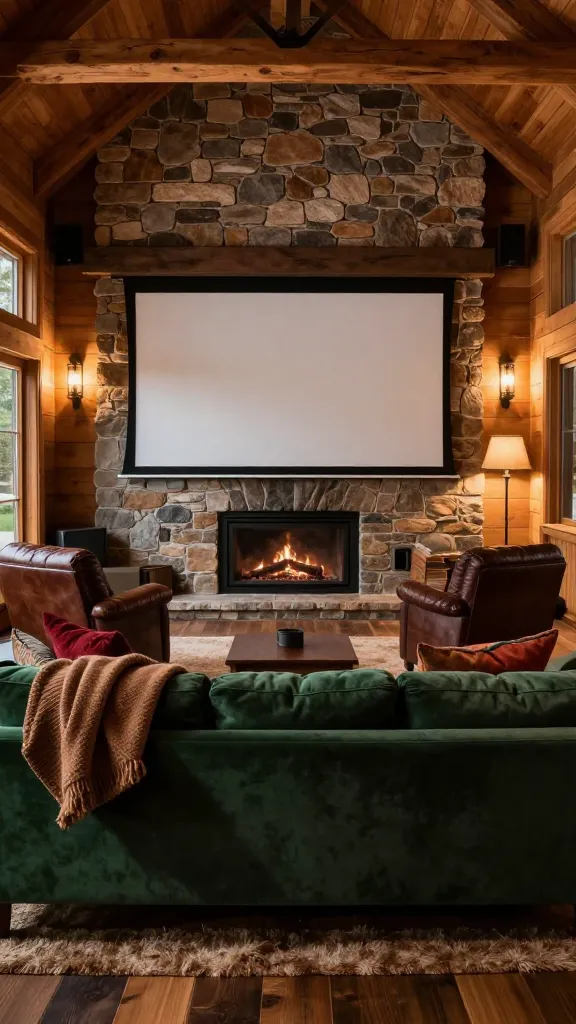 A realistic, high-quality photograph of a luxurious home theater designed as a cozy cabin retreat. The focal point is a large, high-definition projection screen mounted above a substantial, floor-to-ceiling stone fireplace. In front of the screen, a deep, plush forest green fabric sofa is adorned with textured deep red and warm brown throw pillows and a thick knitted blanket. Two oversized, inviting dark brown leather armchairs flank the sofa, facing the screen. The walls are paneled with rich, warm natural wood, featuring exposed timber beams on the ceiling. The floor is covered with a soft, thick, earth-toned rug over dark wood planks. Soft, ambient lighting from rustic sconces and a floor lamp creates a warm, snug, and escapist atmosphere. The color palette emphasizes warm browns, forest greens, deep reds, natural wood tones, and the rugged texture of stone.
