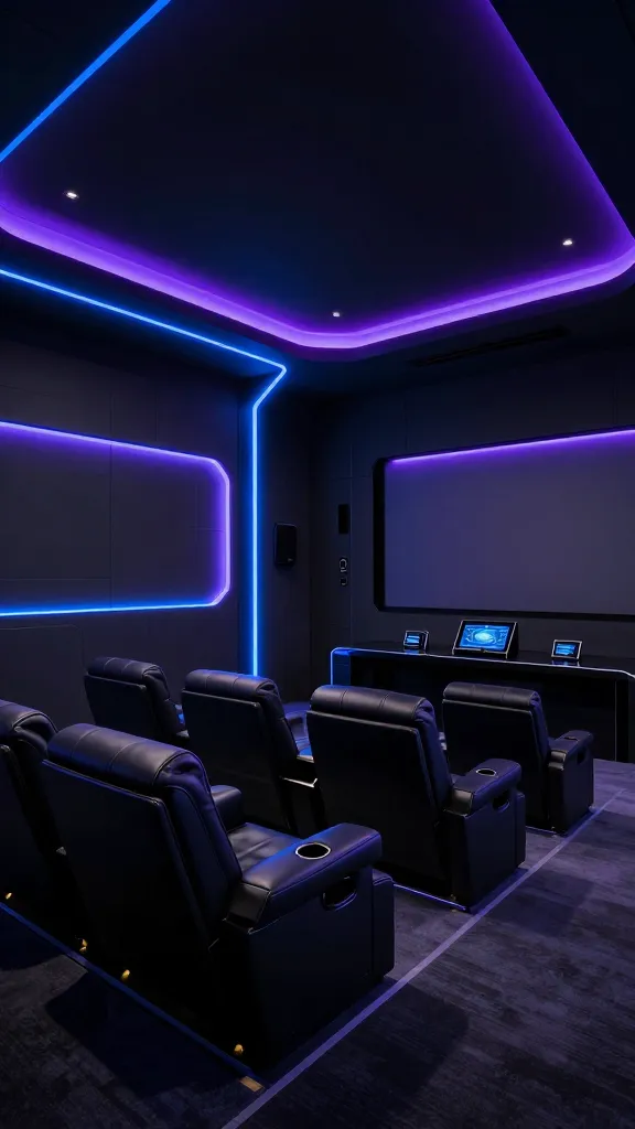 A realistic, high-quality professional photograph of a state-of-the-art home theater transformed into a futuristic sci-fi command center. The room features sleek, dark charcoal gray walls and a black ceiling, dramatically accented by strategic, glowing electric blue and deep purple LED strip lighting along architectural lines and recessed panels, creating an immersive, high-tech atmosphere. In the foreground, multiple rows of ultra-modern, streamlined black leather recliners, each equipped with built-in cup holders and subtle integrated lighting, are perfectly aligned. Facing the viewer, a minimalist, high-gloss black media console, subtly displaying a few futuristic gadgets, anchors the room. The design emphasizes clean lines, glowing accents, and a sense of advanced technology, evoking the bridge of a sleek spaceship or a secret lab. The lighting is the primary source of illumination, casting dramatic shadows and highlights.
