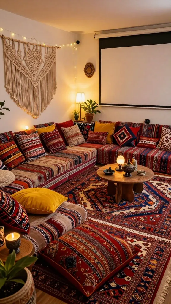 A high-quality, realistic photo capturing a vibrant and eclectic bohemian home cinema. The scene features a large, plush, low-slung sectional sofa or daybed overflowing with a rich mix of patterned and textured decorative pillows in jewel tones, earthy reds, and mustard yellows. Several large, comfortable floor cushions are casually arranged in front of the seating. The floor is covered with an inviting, layered arrangement of authentic Persian and Moroccan rugs, showcasing intricate patterns and textures. A prominent, ornate macramé wall hanging adorns a wall, adding to the artistic, global aesthetic. Warm, ambient lighting from string lights and a few strategically placed floor lamps casts a cozy glow, highlighting the rich textures and colors. A large projection screen or television is visible in the background, subtly integrated into the decor. Scattered potted plants, small carved wooden side tables with global artifacts, and other curated decor elements complete the well-traveled, artistic vibe.