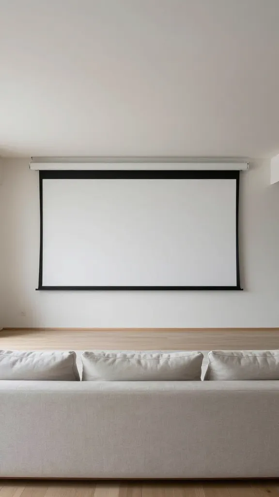 A high-quality, realistic photo of a minimalist Zen home theater, designed for ultimate serenity and focus on the viewing experience. The room is exceptionally decluttered, featuring clean lines and a calming aesthetic. A large, sleek projection screen is perfectly centered on a pristine wall. In front of it, a simple, low-profile sofa or floor seating, upholstered in a soft white or light gray natural fabric, provides comfortable and unobtrusive viewing. The dominant color palette consists of soft whites, light grays, and warm, natural wood tones, subtly complemented by touches of sage green in a few carefully chosen, understated decorative elements. Indirect, dim ambient lighting enhances the tranquility and draws all focus to the screen, creating a peaceful, distraction-free environment. The overall design emphasizes natural materials and a tranquil, uncluttered atmosphere.