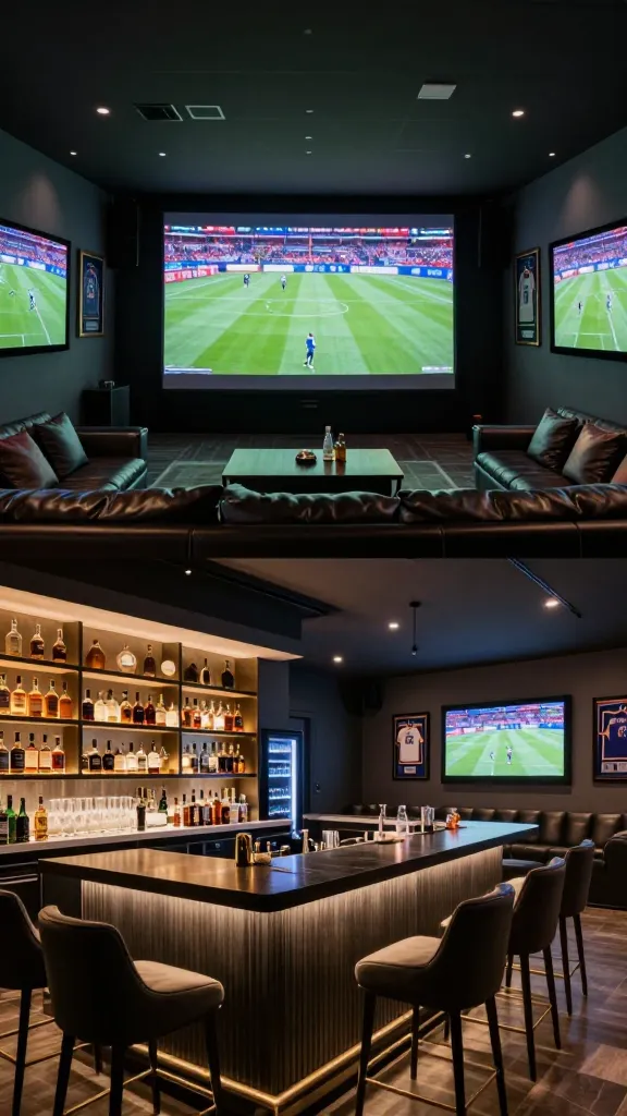A wide-angle, high-resolution photograph of a luxurious, modern living room meticulously transformed into an ultimate sports bar home theater. The focal point is a massive, wall-mounted main flat-screen TV displaying a vibrant sports game, flanked by two to three smaller flat-screen TVs on adjacent walls, each showing different live matches. In the foreground, a sleek, dark wood or polished concrete bar counter stretches across the room, equipped with comfortable, upholstered bar stools with backs. Behind the bar, a well-lit back bar area features shelves stocked with premium spirits, elegant glassware, and a built-in mini-fridge or beer tap. Opposite the bar, a large, durable L-shaped dark leather or robust fabric sectional sofa with plush throw pillows offers ample, inviting seating, perfectly positioned for optimal screen viewing. Walls are tastefully adorned with framed sports memorabilia like jerseys and subtle team banners. The room is illuminated by dimmable recessed lighting and dynamic LED accent lighting under the bar and behind the screens, creating an energetic, sophisticated, and immersive game-day atmosphere. Realistic, professional photography, no text.