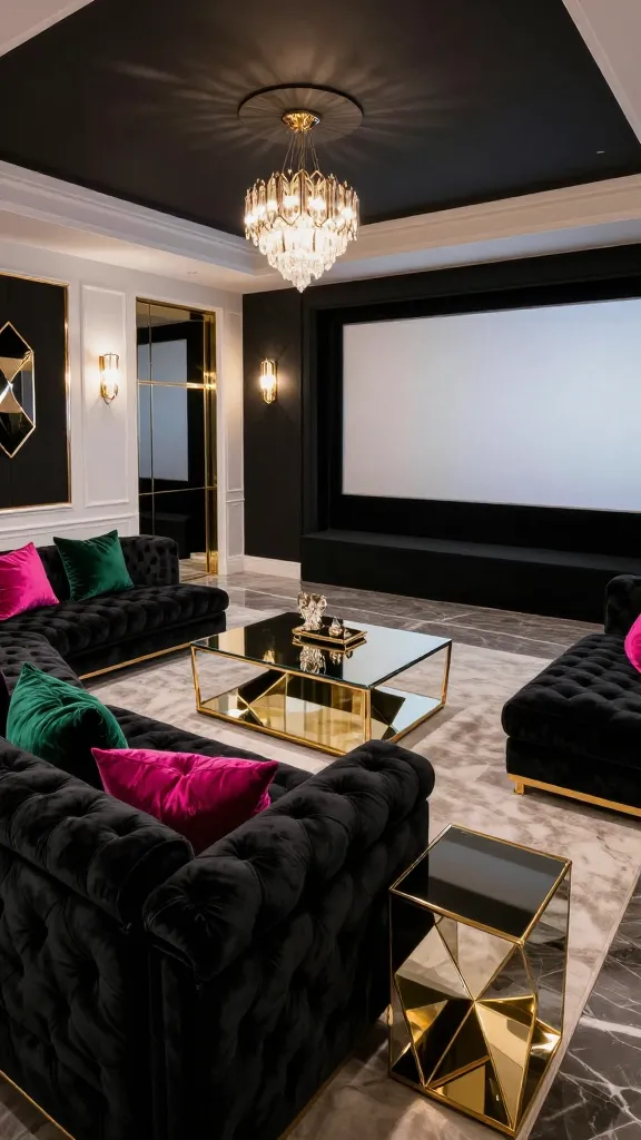 A high-quality, realistic photo of a luxurious home theater designed in the Glam Hollywood Regency style. The room features an opulent, large black tufted velvet sectional sofa and several matching chaise lounges, all facing a grand, integrated cinema screen. Mirrored coffee tables and geometric side tables with polished gold metallic frames are strategically placed, reflecting the surrounding extravagance. Walls incorporate black and white elements with subtle mirrored panels and gold metallic trim. Plush throw pillows and decorative accents in vibrant fuchsia and emerald green provide striking pops of color against the dominant black, white, and gold palette. Elegant art deco light fixtures, including a dramatic chandelier and wall sconces, cast a soft, ambient glow, enhancing the room's sophisticated and star-like atmosphere. The overall design exudes unapologetic luxury and glamour.
