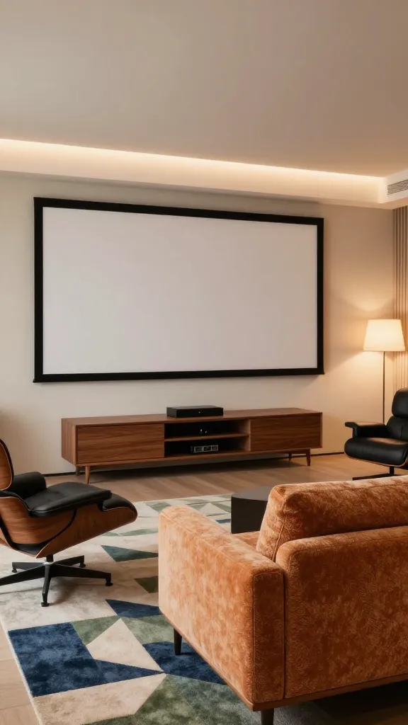 A high-quality, realistic photo of a sophisticated Mid-Century Modern home theater. The room features a large, flush-mounted screen as the focal point, integrated seamlessly into a minimalist wall. Below the screen, a sleek, low-slung teak wood media console with tapered legs houses discreet home theater components. A comfortable, low-slung sofa, upholstered in a textured boucle fabric in a muted, warm tone like burnt orange or deep cream, is positioned for optimal viewing. To the side, an iconic Eames Lounge Chair and Ottoman, with its classic walnut shell and black leather, serves as a stylish accent. The floor is covered by a geometric patterned rug in a harmonious palette of muted blues, greens, and creams, adding a touch of period authenticity. The overall design emphasizes clean lines, organic shapes, and a blend of natural teak wood and sophisticated textiles, creating an effortlessly cool and inviting atmosphere. Warm, soft ambient lighting from a period-appropriate floor lamp or a subtle recessed lighting scheme enhances the cozy, cinematic experience. No text on images.