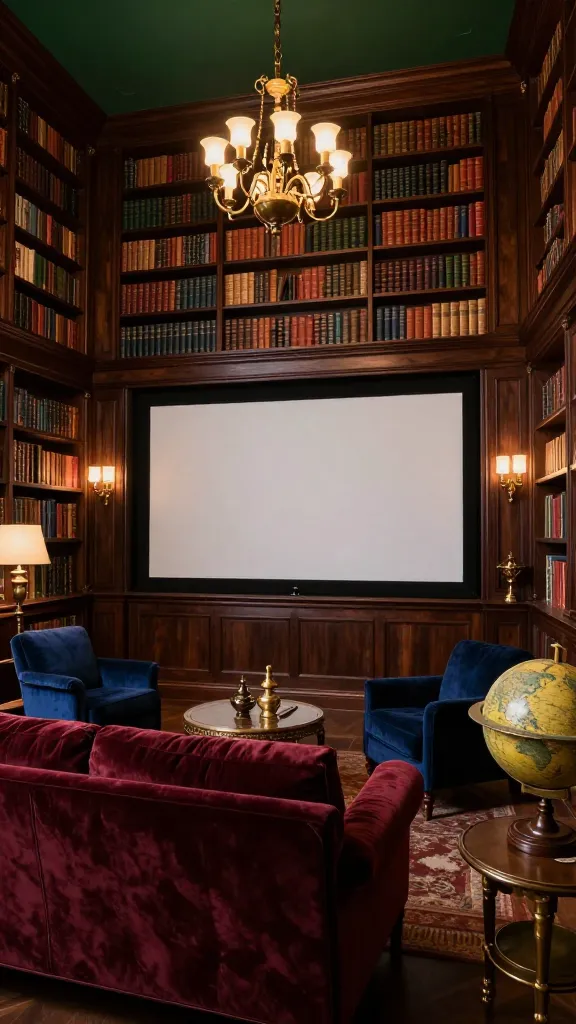 A high-quality, realistic photo capturing a luxurious dark academia home theater seamlessly integrated into a grand library. The main focus is a large, subtly recessed projector screen on a wall flanked by towering, floor-to-ceiling bookshelves crafted from rich, dark mahogany, overflowing with antique-bound books. In front of the screen, a deep, plush velvet sofa in burgundy and two comfortable armchairs in navy blue offer inviting seating, arranged for optimal viewing. Walls are adorned with extensive dark wood paneling and sections painted in deep forest green, creating a sophisticated and cozy atmosphere. Ambient lighting from antique brass sconces and a dim, ornate chandelier casts warm glows, highlighting brass and aged gold accents on decorative objects, lamps, and a vintage globe. The room exudes an intelligent, contemplative, and incredibly atmospheric charm, reminiscent of an adult Hogwarts common room designed for cinematic experiences. No text.