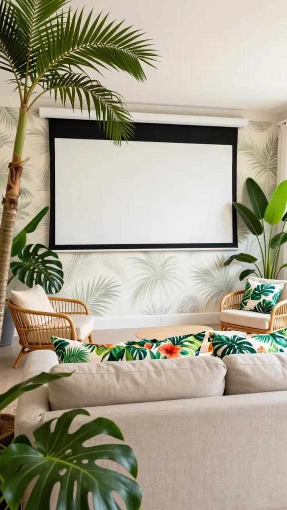 A high-quality, realistic photograph of a luxurious home theater setup within a bright, airy living room designed as a tropical escape cinema. A large, cinematic projection screen dominates one wall, flanked by subtle, light-toned palm print wallpaper. In front, a comfortable, light beige linen upholstered sectional sofa is adorned with throw pillows featuring vibrant botanical patterns of monstera leaves and hibiscus. Adjacent to the sofa, a natural rattan armchair with a cream cushion offers additional seating. The room is filled with an abundance of lush live tropical plants, including a towering Areca palm, a large Monstera deliciosa, and a vibrant Bird of Paradise plant, creating a verdant oasis. Walls are painted in a light, sandy tone, reflecting ample natural light that streams into the space, enhancing the cheerful and relaxing atmosphere. The design seamlessly blends natural textures and botanical prints, making the living room feel like a vibrant, high-end vacation paradise. No text.