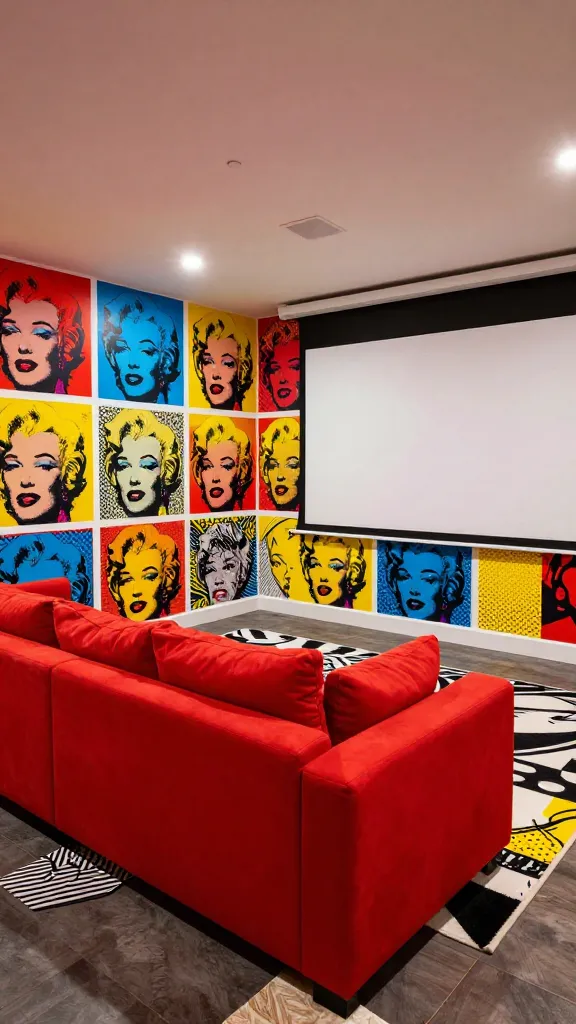 A vibrant and playful Pop Art-inspired home theater room, captured in a high-quality, realistic photograph. Dominating the space is a large, comfortable modular sofa in a striking primary red, perfectly positioned in front of a wide projection screen. The walls are a canvas for bold, graphic Pop Art prints, reminiscent of Andy Warhol and Roy Lichtenstein, featuring comic book aesthetics and bright, contrasting primary yellow and blue hues. Black and white graphic patterns are subtly integrated into the rug and cushions, adding dynamic visual impact. The room is brightly lit with ambient lighting, showcasing its energetic and fun atmosphere, ready for lively movie nights. No people or text are present in the image.