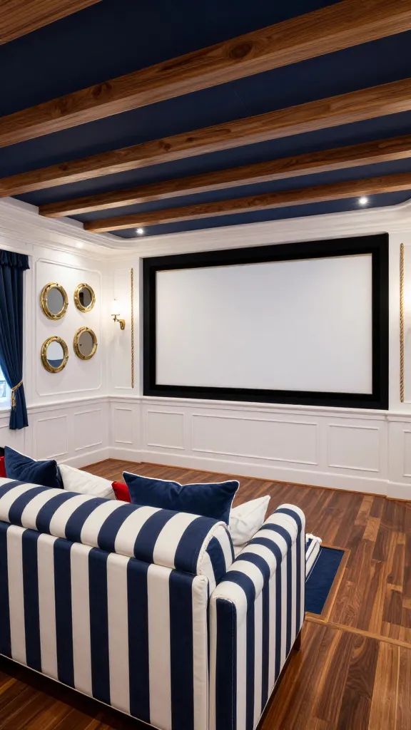 A wide-angle, high-resolution photograph of a luxurious home theater meticulously designed with a 'Nautical Adventure' theme. The room's architecture mimics a sophisticated ship's cabin, featuring crisp white wainscoting contrasted with deep navy blue upper walls and rich natural wood ceiling beams. A massive projection screen is the focal point, framed by subtle brass trim. In the foreground, a large, inviting sofa upholstered in a classic navy and white striped fabric offers plush seating, adorned with throw pillows in solid navy, crisp white, and hints of crimson red. On the side walls, a curated arrangement of round porthole-style mirrors with polished brass frames reflects the soft, ambient lighting. Delicate rope details are woven into decorative elements, such as unique pendant light fixtures or elegant curtain tie-backs. The floor is covered in polished dark hardwood, enhancing the maritime feel. The overall ambiance is clean, elegant, and evokes a sense of timeless adventure. No text.
