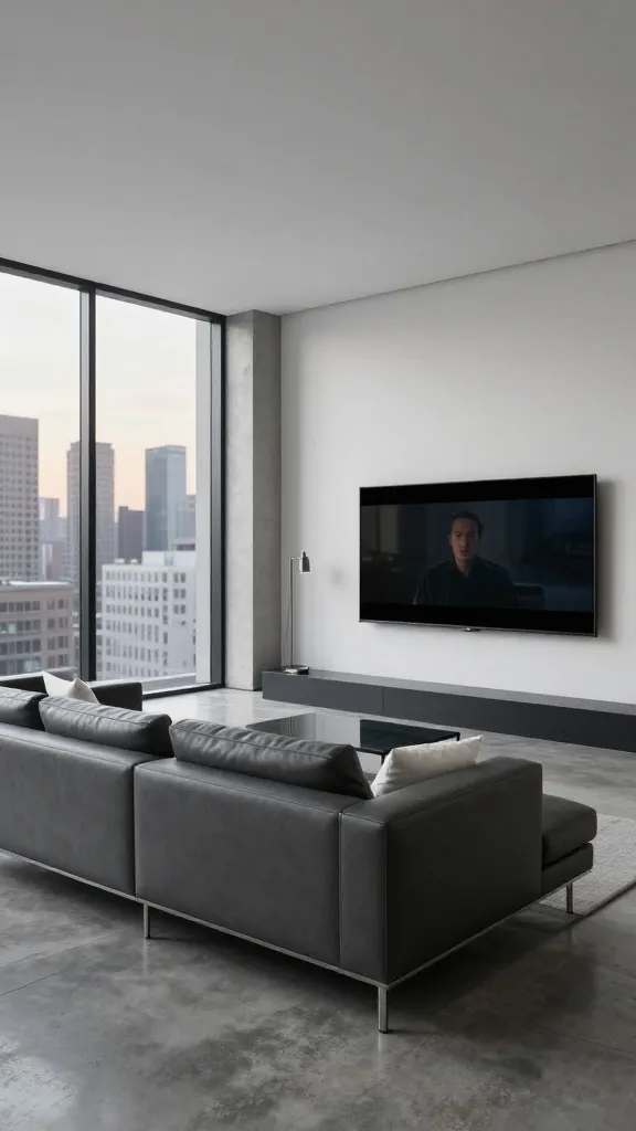 A wide-angle, high-quality realistic photograph of a sleek urban loft home theater. The focal point is a large, wall-mounted ultra-thin flat-screen TV displaying a cinematic image, subtly integrated into a clean, minimalist wall. A low-profile, charcoal gray leather sectional sofa with crisp lines and a few white throw pillows is positioned perfectly for viewing. The room features polished concrete floors, expansive tall windows revealing a blurred modern city skyline at dusk, and a subtle exposed concrete accent wall. Minimalist furniture includes a dark metal and smoked glass coffee table and a brushed steel floor lamp, providing understated metallic accents. The dominant color palette consists of various shades of gray, black, and white. The overall aesthetic is refined, contemporary, and effortlessly cool, embodying chic city living with subtle industrial touches and soft, ambient lighting. No text.