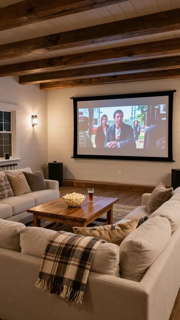 A warm and inviting rustic farmhouse home theater, captured in a high-quality, realistic photograph. The room features creamy white shiplap walls, complemented by dark exposed wooden beams on the ceiling. Dominating the space is an oversized, plush, slipcovered sectional sofa in a neutral off-white or light beige, generously adorned with an abundance of soft, textured pillows and several folded plaid throws in muted, earthy tones. In front of the sofa sits a large, sturdy, distressed light wood farmhouse-style coffee table. A large cinema screen is prominently displayed on the far shiplap wall, showcasing a captivating movie scene. Soft, warm ambient lighting creates a cozy evening atmosphere, with a bowl of homemade popcorn and drinks on the coffee table, ready for a family movie night. The overall feel is unpretentious, comfortable, and full of character.