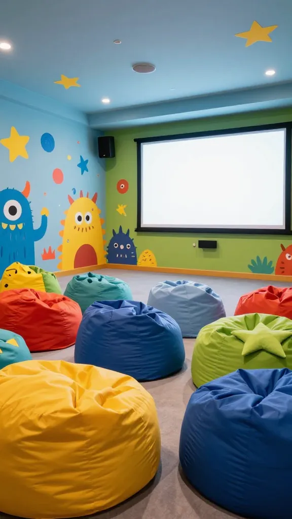 A high-quality, realistic photograph of a vibrant and imaginative kids' home theater room. The space is a burst of cheerful colors, prominently featuring sky blue, sunny yellow, and lime green on the walls, furniture, and decor. Playful, hand-painted murals with whimsical patterns like cartoon stars, friendly monsters, or abstract shapes stretch across the walls, creating an adventurous and engaging environment. Dominating the foreground and center are numerous durable, easy-to-clean bean bag chairs and oversized floor cushions in a variety of fun shapes such as stars, clouds, and geometric forms, all in contrasting bright hues, inviting children to relax. A large, bright projector screen is prominently displayed on one wall, ready for movie time, with subtle, integrated speakers. The room is softly lit with warm, inviting ambient light, highlighting the colorful, durable materials and the overall atmosphere of endless fun and excitement, perfect for unforgettable sleepovers. No text on image.
