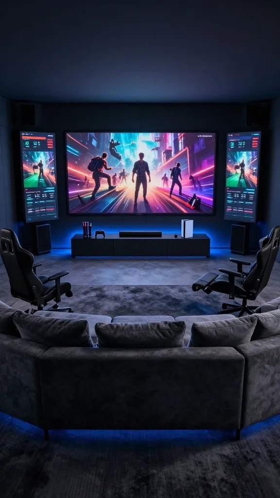 A realistic, high-quality, wide-angle photograph of a sophisticated "Gaming Paradise" home theater. The focal point is a massive, wall-mounted 120-inch OLED screen displaying a vibrant movie scene, flanked on either side by two large, vertical gaming monitors showing competitive gaming interfaces. Below the main screen, a sleek, minimalist console unit houses multiple next-gen gaming consoles and a high-fidelity soundbar. In the foreground, a luxurious, charcoal-grey L-shaped sectional sofa with integrated recliners and plush cushions dominates the center, accompanied by two modern, ergonomic black leather gaming recliners positioned slightly to the sides. Strategic, soft blue LED backlighting emanates from behind all screens, along the console unit, and subtly from beneath the sectional, creating an immersive, eye-strain-reducing glow. The room features dark, sound-absorbing wall panels and a deep pile area rug, emphasizing comfort and cutting-edge multimedia performance.