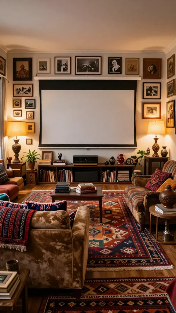 A high-quality, realistic photo of a cozy, eclectic bohemian home theater. A large projection screen is the focal point on one wall, integrated into a vibrant display of personal style. In the foreground, a comfortable, slightly worn sofa and a mismatched vintage armchair are adorned with a rich array of patterned throws and embroidered pillows. The floor is covered with multiple layered kilim rugs in earthy, jewel tones, creating a tapestry of texture. A densely packed gallery wall behind the seating features a curated 'chaos' of diverse framed art, black-and-white personal photographs, and small global mementos. Unique, sculptural floor lamps with interesting bases and shades cast a warm, inviting glow, highlighting potted plants, stacks of vintage books, and ceramic curios on antique side tables. The room exudes an authentic, lived-in atmosphere, rich in texture, pattern, and personal history.