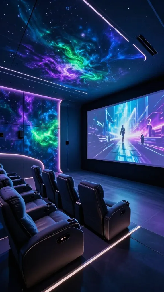 A wide-angle, high-resolution photograph of an ultra-modern, futuristic home theater, designed with a sleek, sci-fi aesthetic. The walls feature seamless, integrated LED panels displaying dynamic, abstract cosmic patterns in deep blues, purples, and electric greens, casting an immersive, ambient glow throughout the room. Ergonomic, individual reclining smart chairs, upholstered in dark, premium material with subtle integrated lighting and built-in speakers, are arranged in two perfectly angled rows, facing a massive, edge-to-edge display screen that dominates the front wall. The screen is currently displaying a vibrant, high-definition science fiction movie scene, its light reflecting softly on the polished dark surfaces and minimalist architectural details. Innovative, indirect accent lighting emanates from recessed coves and floor lines, emphasizing the cutting-edge technology and creating a visually stunning, portal-like atmosphere. No text.