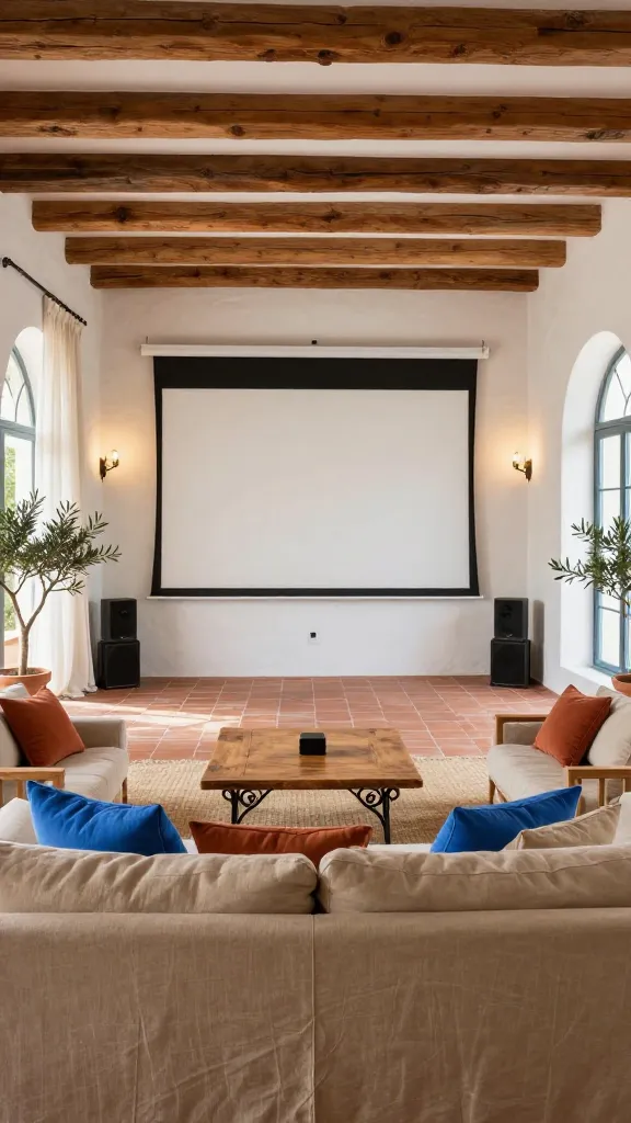 A sun-drenched, airy Mediterranean villa home theater room, featuring white stucco walls and exposed natural wood ceiling beams. A massive projection screen is integrated seamlessly into the main wall, flanked by subtle, high-fidelity speakers. In the foreground, a large, plush, slipcovered linen sofa in a sandy beige color is adorned with terracotta and azure blue throw pillows, inviting comfort. A rustic natural wood coffee table with elegant wrought iron details sits before the sofa. Wrought iron sconces cast a warm glow on the textured walls, complementing the bright natural light streaming through large arched windows, which are softly draped with sheer white linen. Terracotta floor tiles with a subtle, aged patina cover the floor, partially softened by a natural fiber rug. Potted olive trees in terracotta planters add a touch of lush greenery. The scene exudes warmth, rustic elegance, and a laid-back, permanent vacation charm. High-quality photo, realistic, no text.