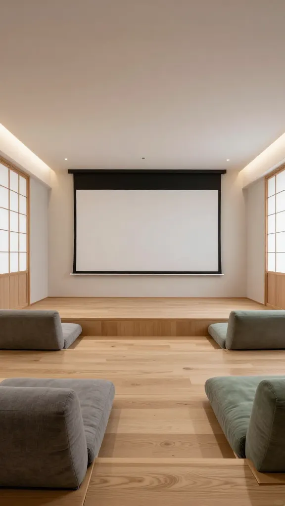 A high-quality, realistic photograph of a luxurious Japanese Serenity home theater, designed for ultimate zen. The space is profoundly tranquil and harmonious, featuring impeccably clean lines, natural wood materials, and a sophisticated minimalist aesthetic. A large, high-definition projection screen is seamlessly integrated and centered on one wall. The main seating area consists of low-profile, light natural wood platform seating topped with plush soft gray and muted green floor cushions, creating an inviting, ground-level comfort. Sliding shoji screens with subtle black frames line the walls, offering elegant light control and an authentic Japanese architectural element. The predominant color palette is composed of soft grays, muted greens, warm natural wood tones, and crisp minimalist white walls, with delicate black accents in the screen frame and shoji screen details. Indirect, warm ambient lighting is subtly integrated into the ceiling and walls, casting a soft glow that enhances the peaceful, relaxing atmosphere, perfect for an immersive cinematic experience. The overall impression is one of understated elegance and profound calm.