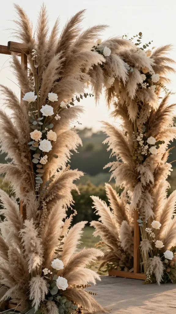 A breathtaking, high-resolution, realistic photograph of a whimsical DIY wedding archway. A sturdy, natural wooden frame is lavishly draped with abundant, feathery bundles of dried pampas grass, creating a soft, cloud-like structure. Sprigs of dried eucalyptus and delicate white and cream silk roses are artfully interwoven, adding subtle pops of color and texture. The archway stands as the centerpiece of an outdoor ceremony, bathed in soft, golden hour light, with the pampas grass gently swaying in a light breeze, conveying bohemian elegance, natural beauty, and effortless romance.