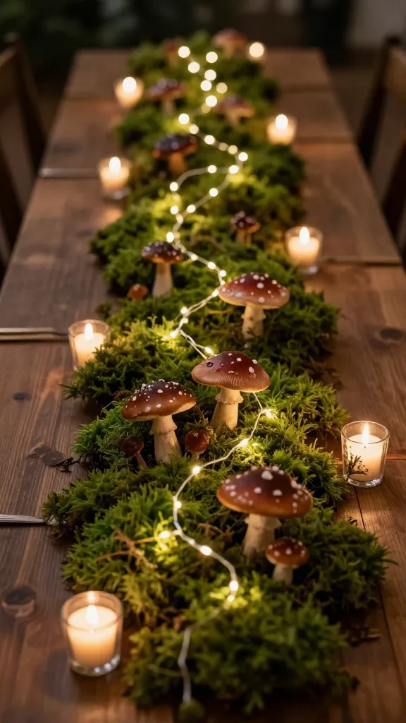 A high-resolution, professional photograph of a DIY wedding reception table, meticulously decorated with an enchanted forest tablescape. Deep green moss runners elegantly stretch down the center of a long, rustic wooden table. Nestled within the moss are various small, artificial toadstools and mushrooms in earthy brown and subtle red hues. Delicate strands of warm white fairy lights are intricately woven through the greenery, casting a soft, ethereal glow. Tiny, rustic votive candles are strategically placed, their flickering flames adding a warm, intimate, and mystical ambiance to the magical woodland realm. The lighting is soft and atmospheric, highlighting the rich textures and deep greens, with a shallow depth of field to emphasize the captivating centerpiece.