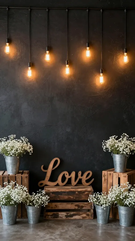 A high-quality, realistic photograph capturing an industrial chic wedding photo booth backdrop. The backdrop is a dark, subtly textured wall, possibly concrete or a deep charcoal fabric. Numerous strings of exposed Edison bulbs are suspended at varying heights, casting a warm, inviting amber glow. On the ground, galvanized metal buckets overflow with delicate baby's breath, interspersed with a few distressed wooden crates. A simple, elegant "Love" marquee sign, with an industrial-style font, is centrally placed. The scene exudes a romantic yet edgy atmosphere, perfect for a memorable wedding moment. No text on the image.