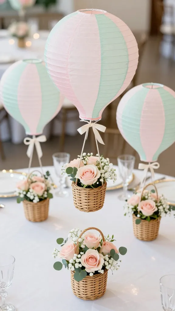 A high-angle, close-up shot of a beautifully adorned wedding reception table featuring several whimsical hot air balloon centerpieces. Each centerpiece consists of a small, round paper lantern, delicately decorated with soft pastel stripes in blush pink and mint green, serving as the balloon. Beneath each lantern, a miniature woven wicker basket is suspended by thin, elegant ivory satin ribbons. The baskets are filled with tiny, delicate arrangements of blush pink spray roses, white baby's breath, and small eucalyptus leaves. The table itself is covered with a crisp white linen tablecloth, subtly reflecting the soft ambient light. Elegant gold-rimmed plates, crystal glassware, and small votive candles with a warm glow are visible in the softly blurred background, hinting at a romantic and joyful celebration. The lighting is bright and natural, enhancing the ethereal and charming quality of the DIY decorations.