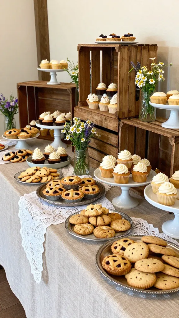 A high-quality, realistic photo capturing a charming DIY rustic farmhouse dessert bar, impeccably arranged as a wedding reception decoration. The inviting display features various heights created by overturned weathered wooden crates and elegant white ceramic cake stands. The table is draped with natural, textured linen and layered with delicate white lace runners and doilies. An array of delectable wedding desserts, including miniature fruit pies with lattice tops, beautifully frosted cupcakes, and artisan cookies, are artfully arranged on antique-looking silver and ceramic platters. Small bouquets of fresh wildflowers, like daisies and lavender sprigs, are placed in clear glass mason jars among the sweets. Soft, warm natural light illuminates the scene, highlighting the homespun warmth and sweet focal point. No text.