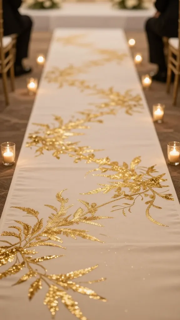 A detailed, high-quality photograph showcasing a luxurious DIY wedding aisle. The centerpiece is a cream fabric aisle runner, artfully adorned with an elegant, shimmering abstract gold leaf pattern that subtly catches and reflects the soft, warm ambient light. This refined gold detailing creates an opulent yet sophisticated sparkle, elevating the ceremony's grandeur. Along the edges of the runner, several small, gold spray-painted glass votives with flickering candles cast a gentle, radiant glow, perfectly complementing the gold leaf. The setting is an elegant indoor wedding venue, with a shallow depth of field blurring the background to keep focus on the intricate details of the runner and votives. Realistic, professional photography, no text.