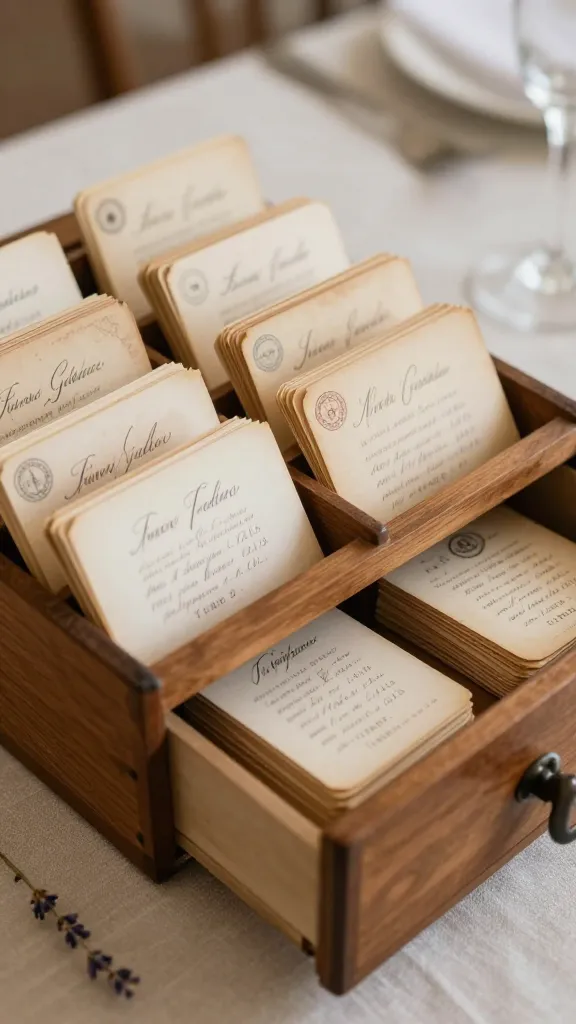 A high-angle, close-up shot capturing a charming DIY wedding seating chart. The main subject is a small, antique wooden card catalog drawer, slightly ajar, filled with meticulously crafted vintage-style library cards. Each card is handwritten with elegant script, displaying a guest's name and table number, and features subtle aged details like faux due date stamps. Some cards are fanned out, revealing their intricate design, while others are neatly stacked inside the drawer. The drawer rests on a textured linen tablecloth, with a soft-focus background hinting at a warm, elegantly decorated wedding reception. A delicate sprig of dried lavender is gently placed beside the drawer, adding a touch of rustic romance. The lighting is soft, warm, and natural, creating a nostalgic and inviting atmosphere. Realistic, high-quality photograph, no text on images.