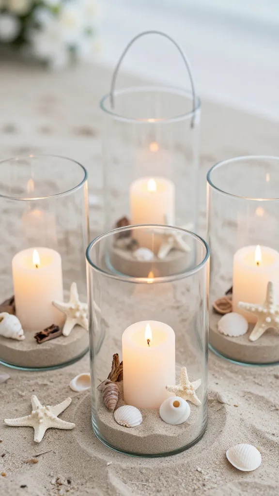 A close-up, high-angle, ultra-realistic photo of several DIY coastal beach vibe lanterns, serving as elegant wedding decorations. Each clear glass lantern, varying slightly in height, is filled with a shallow layer of fine, pale beach sand at its base. Nestled within the sand is a warm, softly flickering LED pillar candle. Around the candle, meticulously arranged natural elements include delicate white starfish, smooth spiral and scallop seashells, and small, weathered pieces of driftwood. The overall scene conveys a serene, breezy, and relaxed wedding atmosphere, with soft, natural light illuminating the intricate details. The background is softly blurred, hinting at a light-colored, natural wedding setting. High resolution, professional studio lighting, exquisite detail, no text.